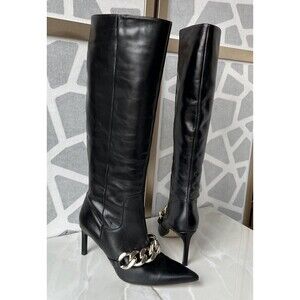 Zara Sz 39 8 8.5 Black Heeled Leather Knee High tall Boots With Chain